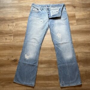 Vintage Diesel Zathan Jeans Men 34x32 Blue Bootcut Light Wash Distressed Italy